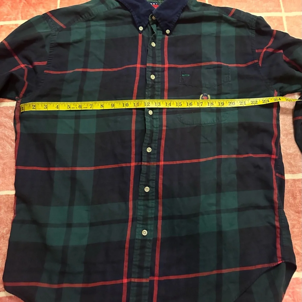 Tommy Hilfiger Navy & Green Plaid Button-Down Shirt with Red Accents - Picture 2 of 4